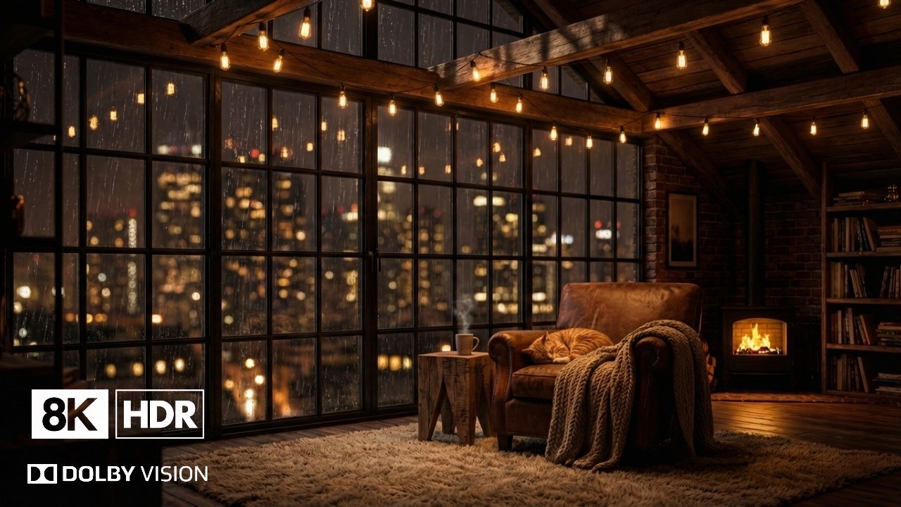 Cozy Rainy Loft Night 🐾🔥| City Lights & Fireplace Ambience in 8K (2 Hours)