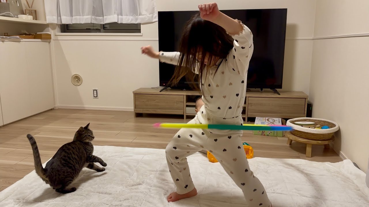 猫と人間とは思えないほど仲良く遊ぶ姉妹