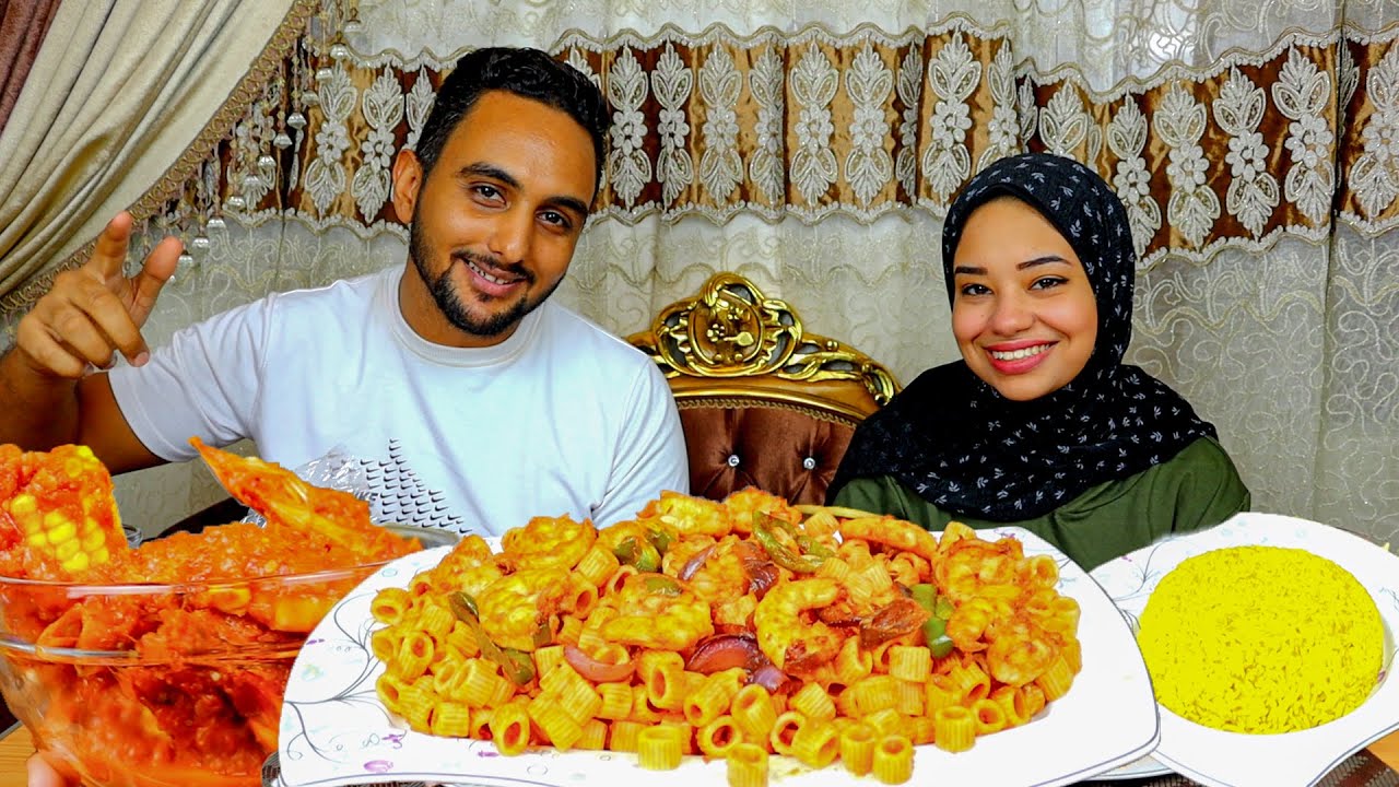 تحدي اكل مكرونه بالجمبري مع كيس سي فود بالذرة الحلوة😋