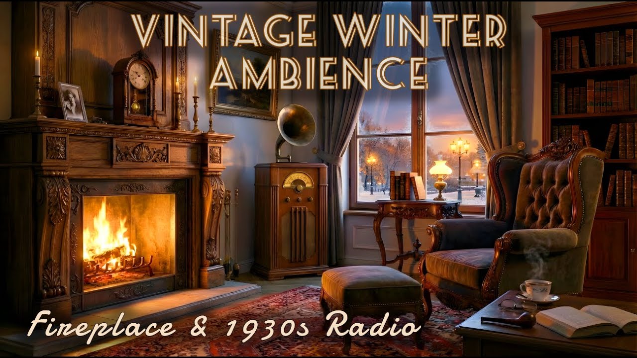 Cozy Winter Night Fireplace & 1930s Radio Music 📻 Snow Falling Outside Ambience