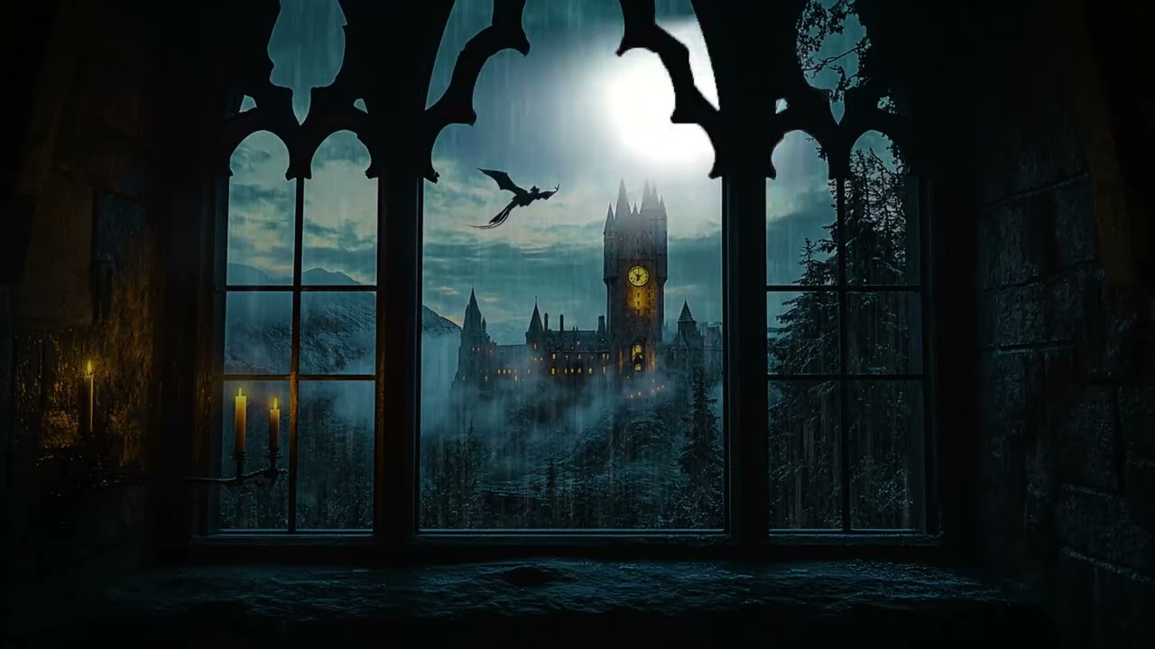 Endless Night Rain Outside Hogwarts Window, Calm Magical Ambience for Deep Sleep