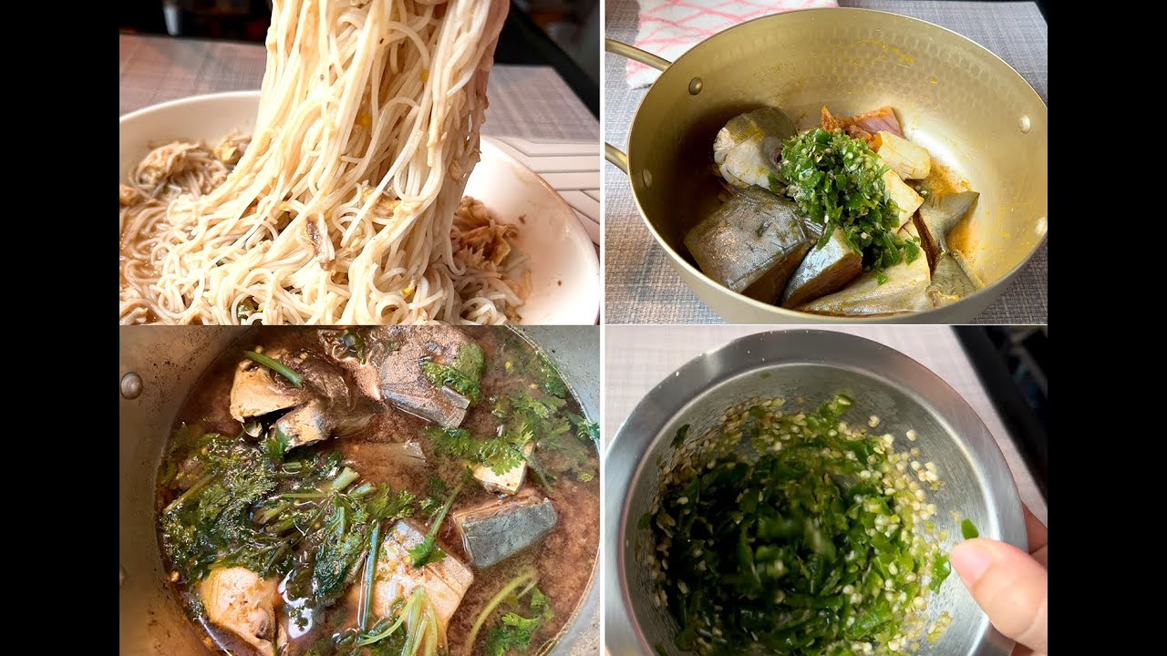 ငါးငြုပ်သီးစိမ်းငပိချက် နှင့်မုန့်ဖတ်သုပ် Pomfret with green chilies Spicy curry
