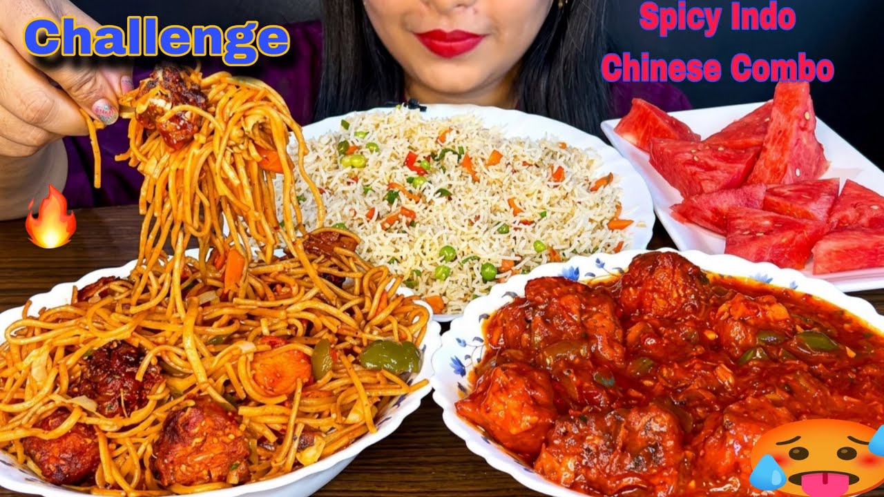 SPICY CHINESE COMBO MUKBANG🌶️🔥FRIED RICE, MANCHURIAN & NOODLES CHALLENGE | STREET FOOD LOVER