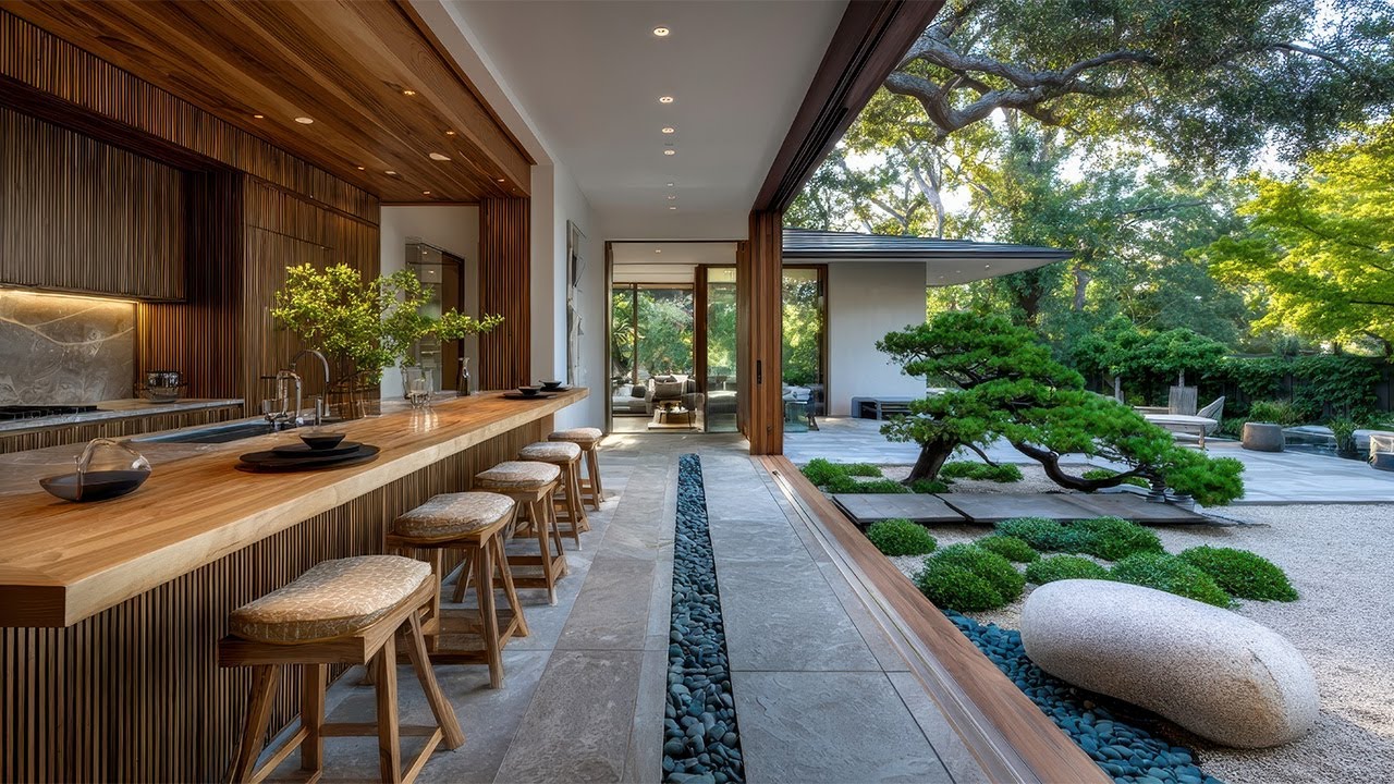 Seamless Indoor-Outdoor Kitchen and Dining with Courtyard Garden Inspired by Woodmode Cabinetry