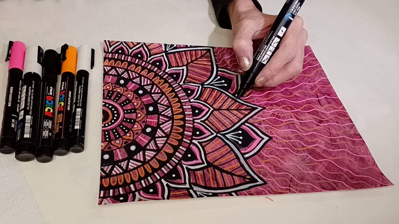 Red Mandala Doodle Drawing with Paint Markers Fun Art Therapy Idea