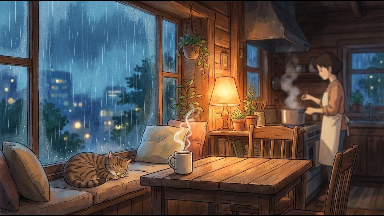 Cozy Winter Kitchen 🌧️ Cooking, Rain Sounds & Relaxing Piano (1 Hour Ambience)
