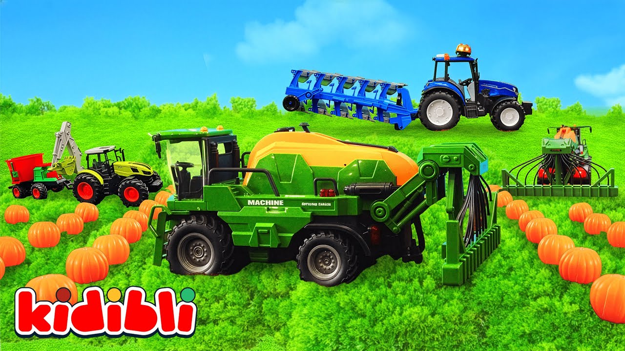 Traktor & Spielzeughelikopter 🎃 Kürbisernte auf dem Bauernhof | Halloween Spaß für Kinder | Kidibli