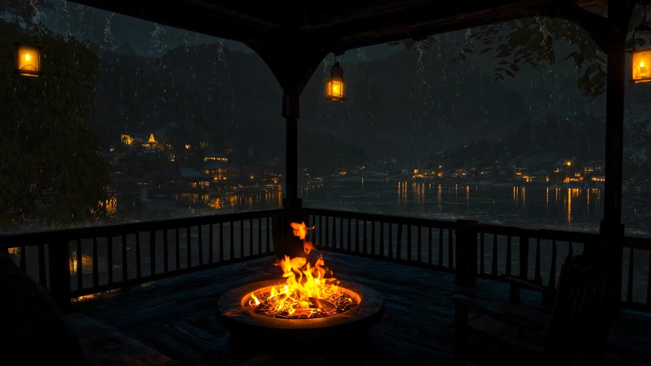 Peaceful Spring Rain by the Wooden Cabin Porch • Quiet Old Town &Warm Campfire • Fall Asleep in 5Min