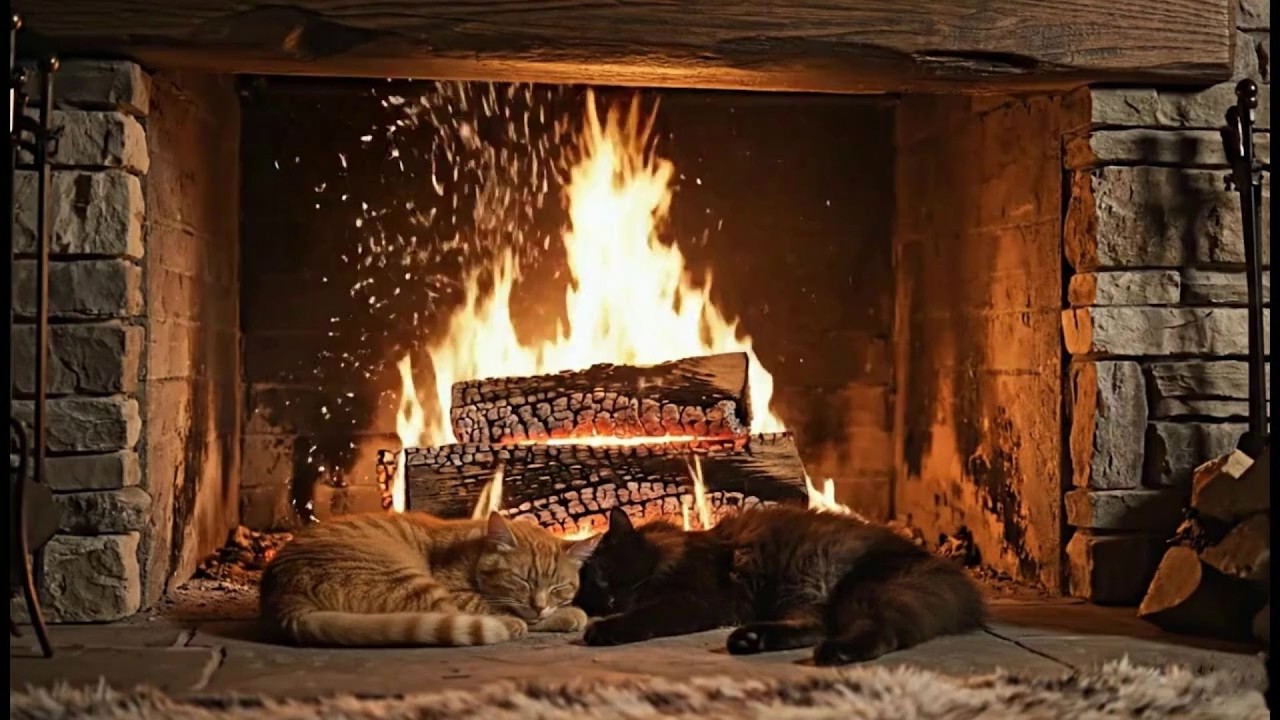 Fireplace Ambience with Sleeping Cats | Cozy Winter Relaxation | No Ads
