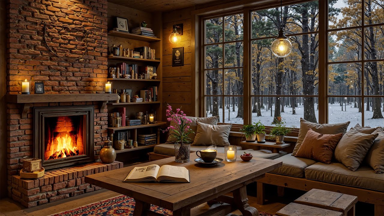 Warm Winter Jazz ❄️ Cozy Cabin Fireplace & Coffee Ambience | Relaxing Jazz Music