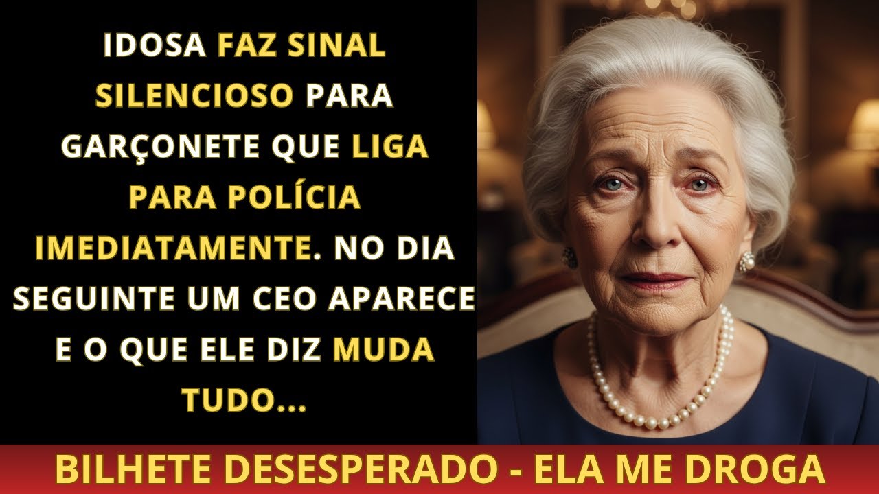 Uma senhora idosa faz um sinal silencioso para a garçonete, que imediatamente liga para a policia...
