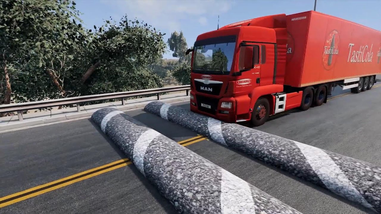 Trucks vs Massive Speed bump vs potholes vs rocks #634 beamng drive live 2