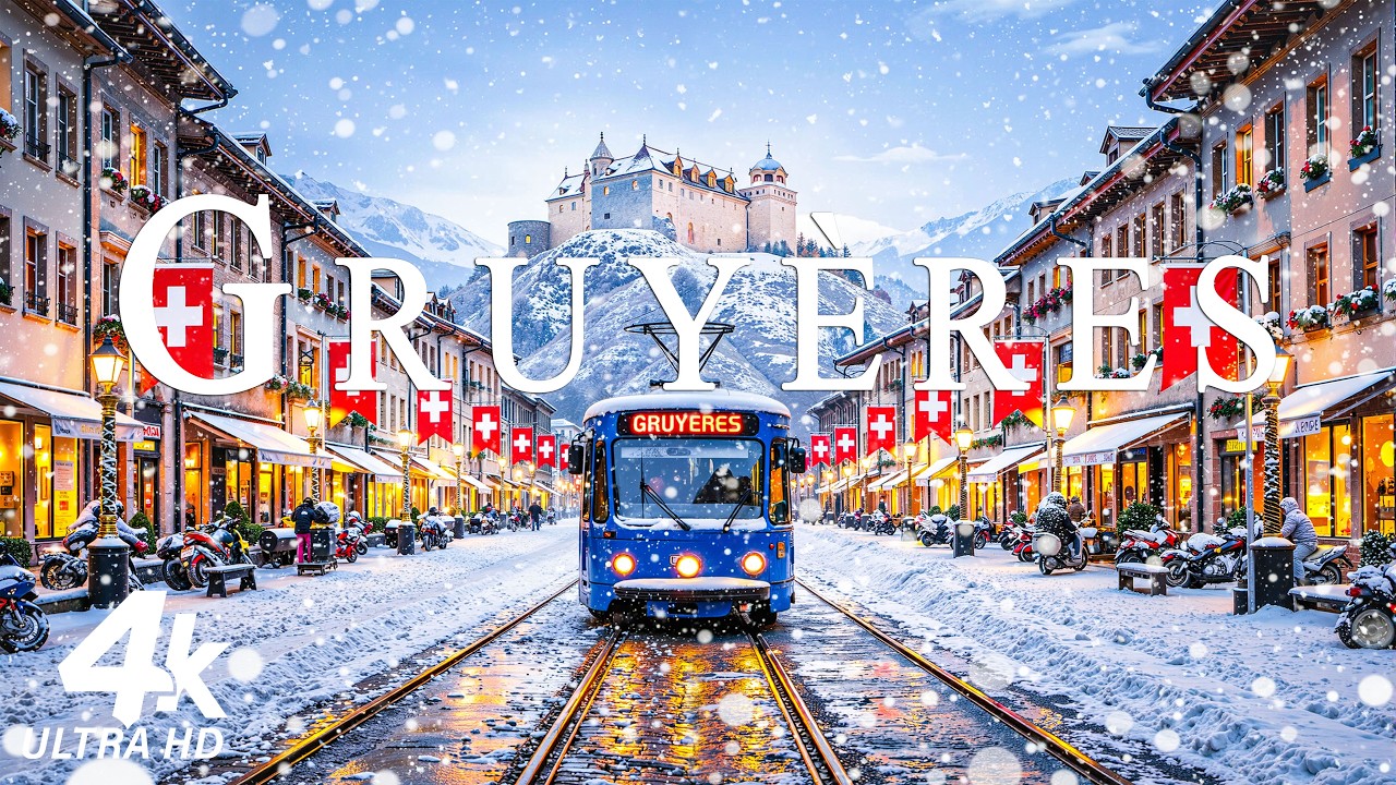 Зимняя сказка в Грюйере 4K ❄️ Заснеженные средневековые улочки и сказочные виды на замки