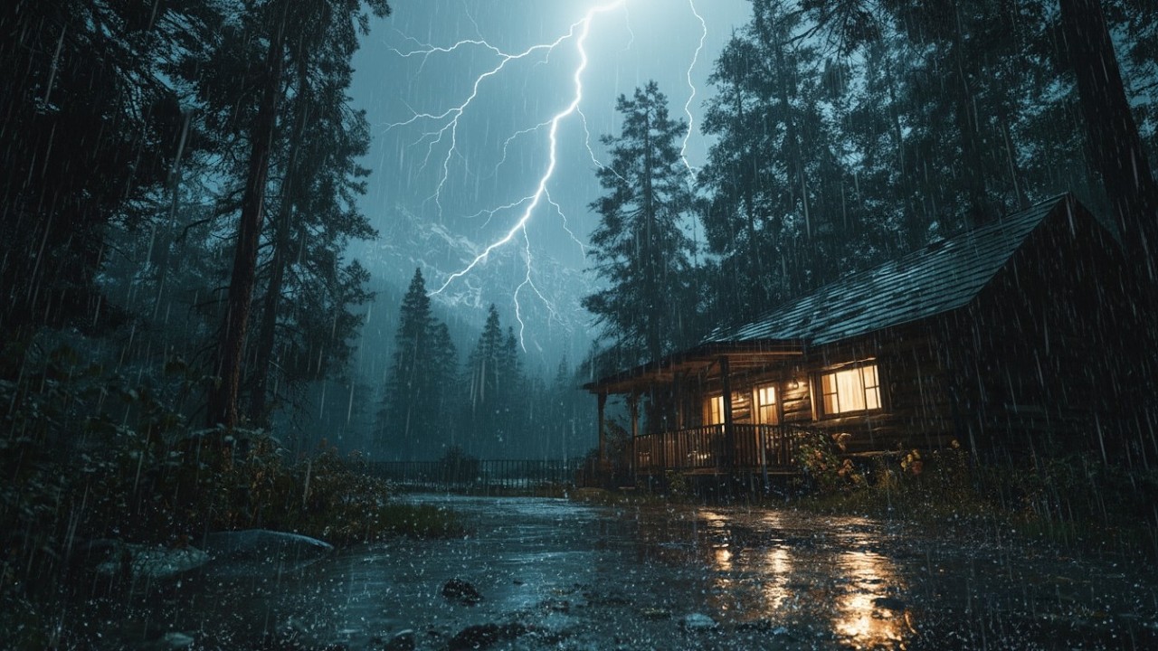 Forest Cabin Thunderstorm | Rain & Waterfall for Deep Sleep
