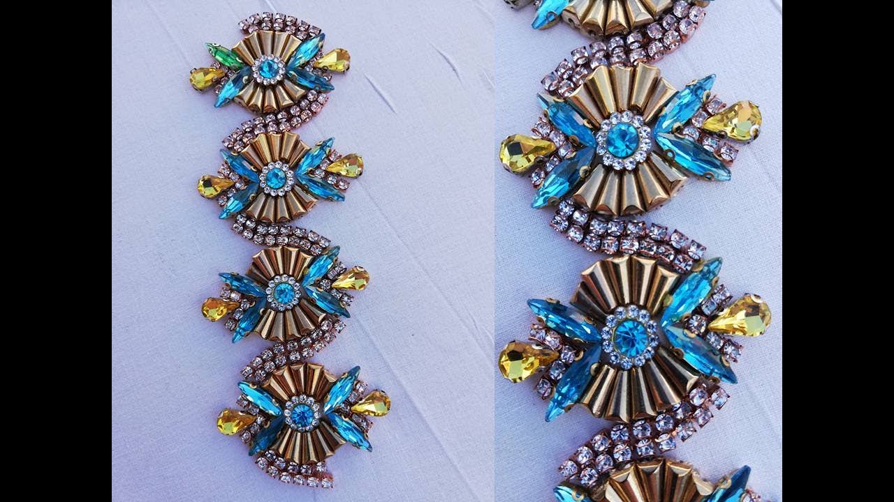 Hand embroidery/Simple border line embroidery with stone and long pearls/beads work