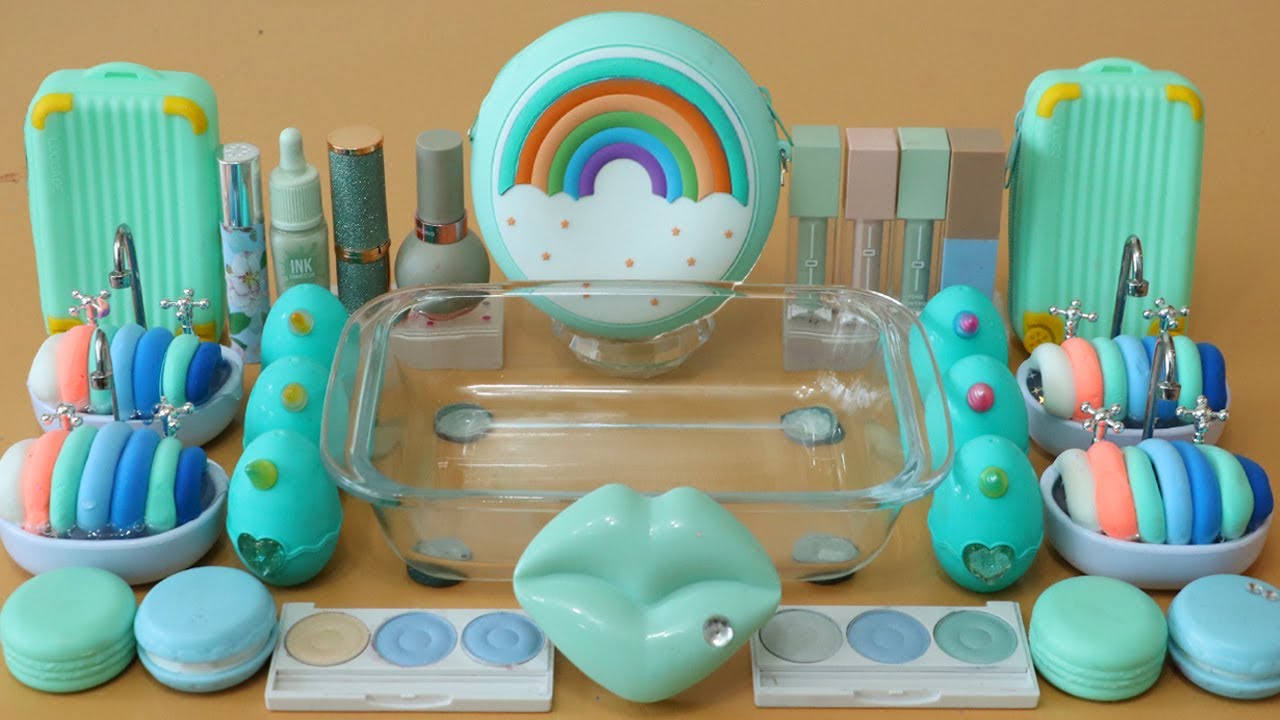 Mixing”Mint Rainbow” Eyeshadow and Makeup,parts,glitter Into Slime!Satisfying Slime Video!★ASMR★