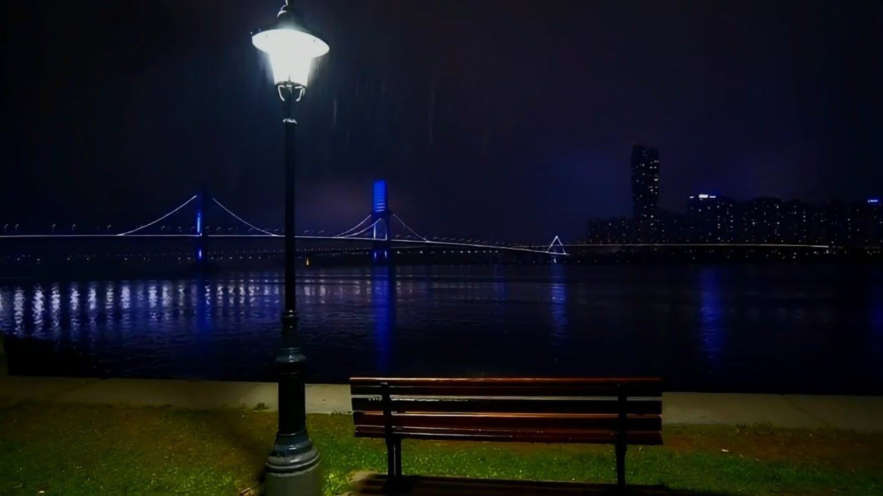 Дождливая ночь над рекой Сеула с мостом, фонарями и скамейками в 4K расслабляющие звуки