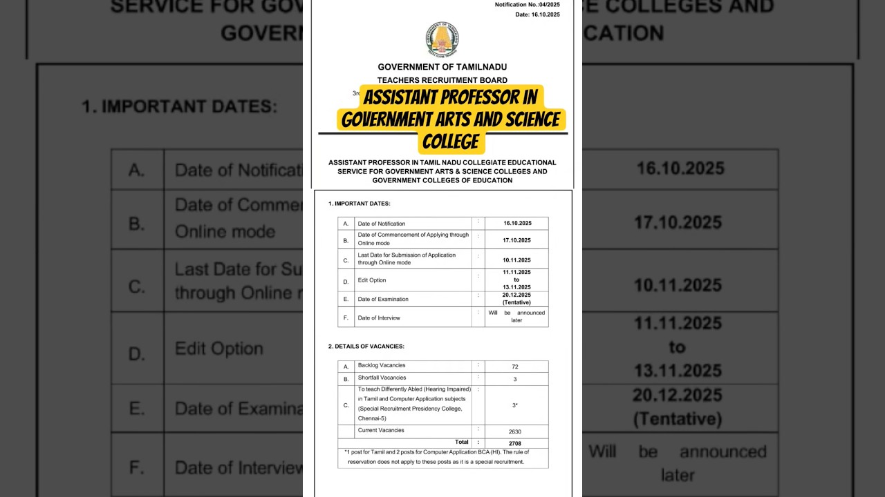 EXAM For assistant professor in government arts and science college notification #trb #tnexams