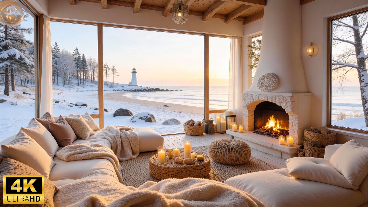 Cozy Winter Morning by the Sea ❄ Soft Winter Piano with Warm Fireplace & Gentle Ocean Waves for Calm