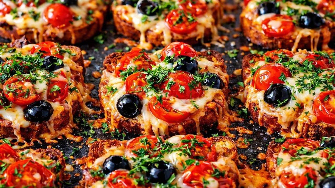 Quick dinner for the whole family!!Cheesy Cherry Tomato & Black Olive Mini Pizza Toasts 🍕🔥