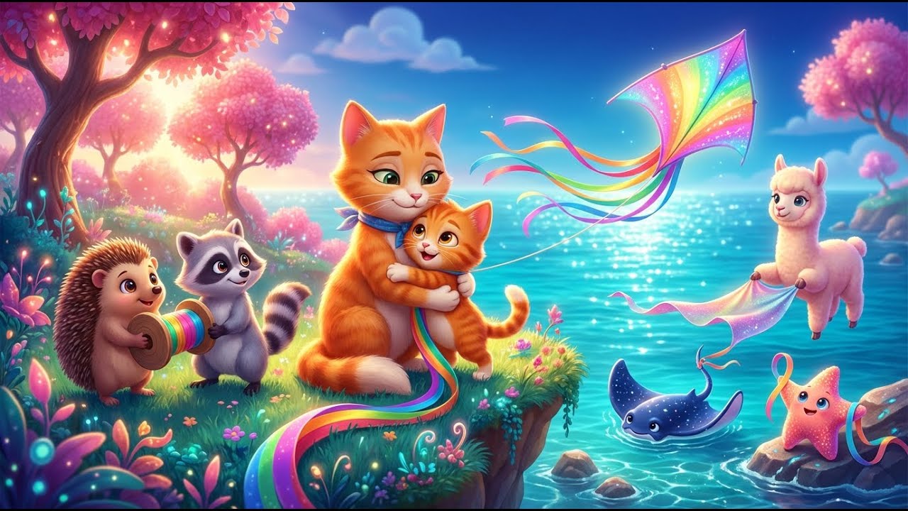 Mama Cat & Kitten Save the Rainbow Kite 🪁🌊 Gentle Seaside Adventure for Kids