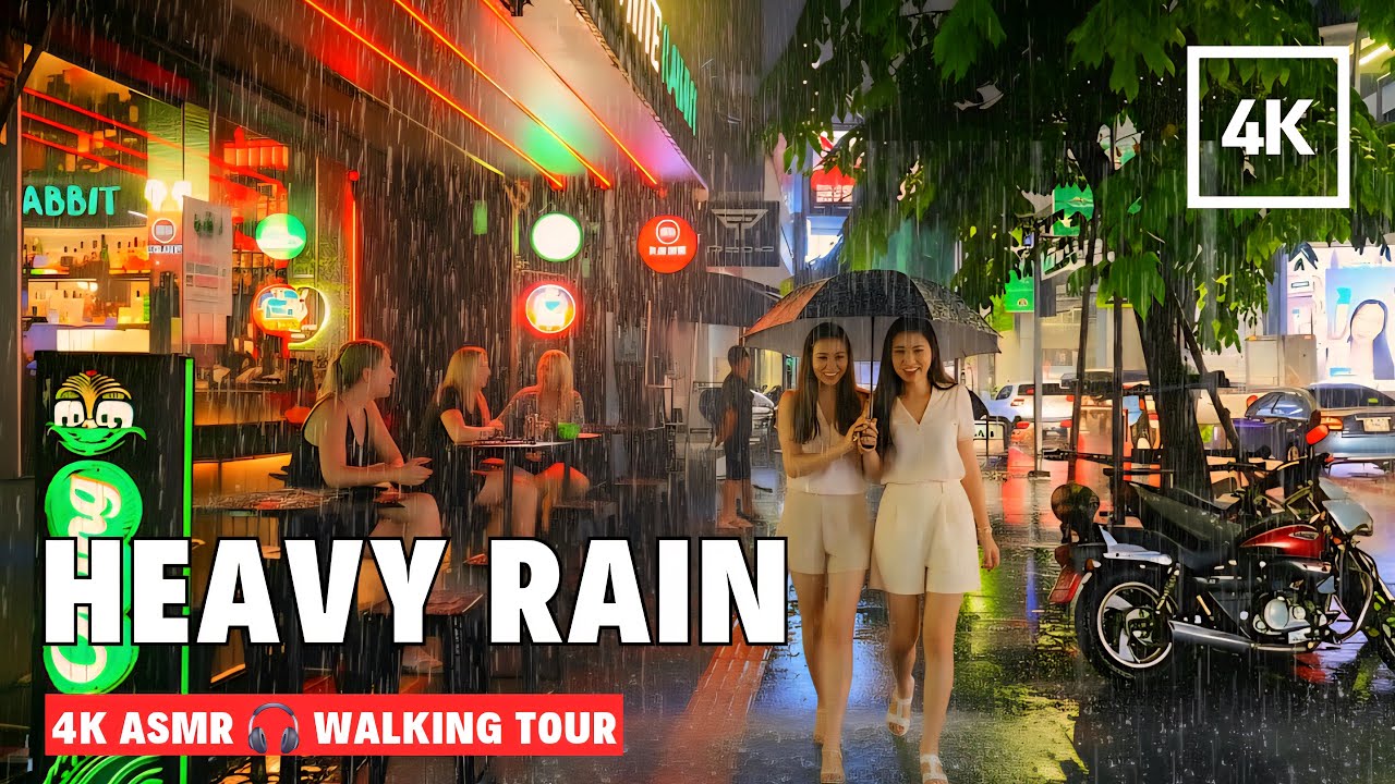 [4K] Heavy Downpour in Silom, Bangkok 🇹🇭 ASMR 🎧 Heavy Rain Walking Tour
