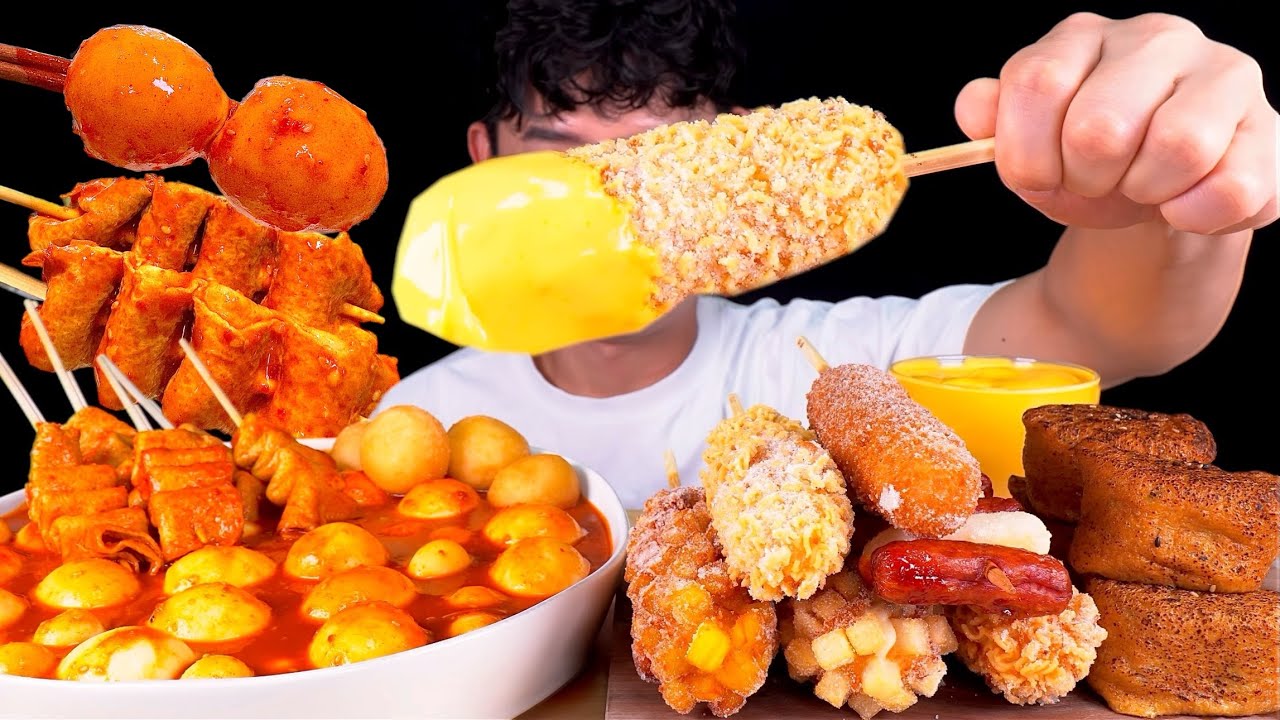 ASMR 맵단짠 계란어묵볶이와 감자 라면땅핫도그🌭불닭소떡 치즈소스 찍어먹방~!! Spicy Egg With Crispy Corn Dog Fried Tofu MuKBang~!!