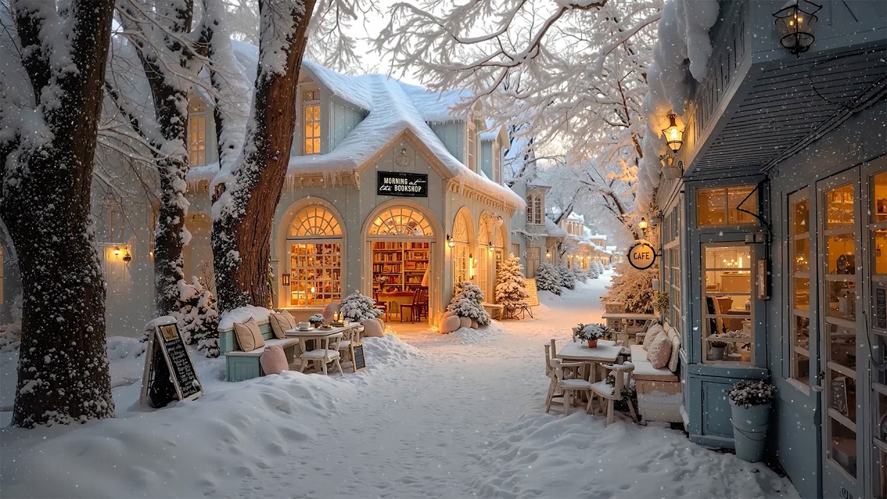 Gentle Morning Jazz ☕ Snowy Outdoor Bookshop Caf&eacute; on a Quiet Winter Street | Relaxing Warm Jazz ❄️