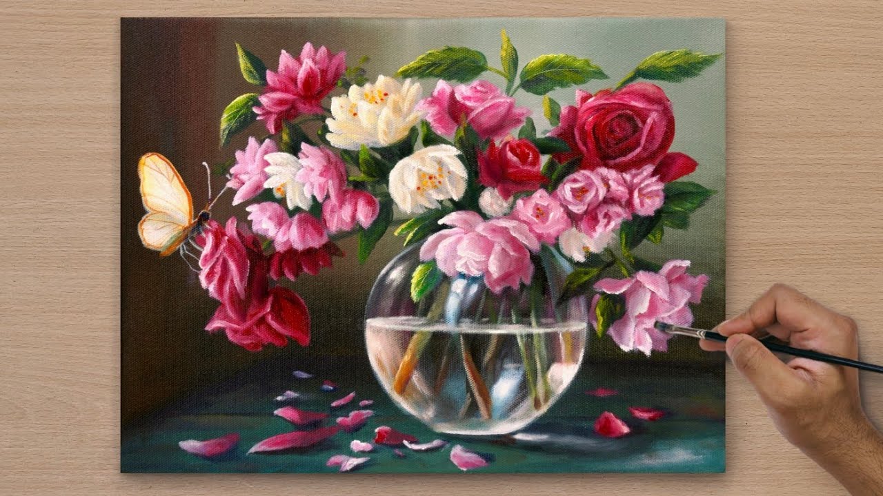 Painting a Beautiful Vibrant Flower Bouquet in a Vase / Acrylic painting / Art paintings