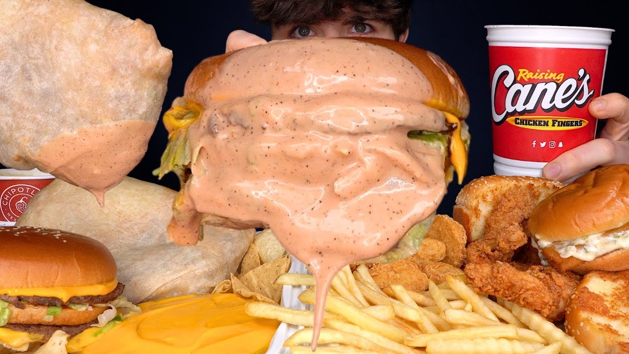 ASMR MUKBANG EXTRA CANES SAUCE MCDONALDS BURGERS CHIPOTLE BURRITOS CHICKEN & FRIES | WITH CHEESE