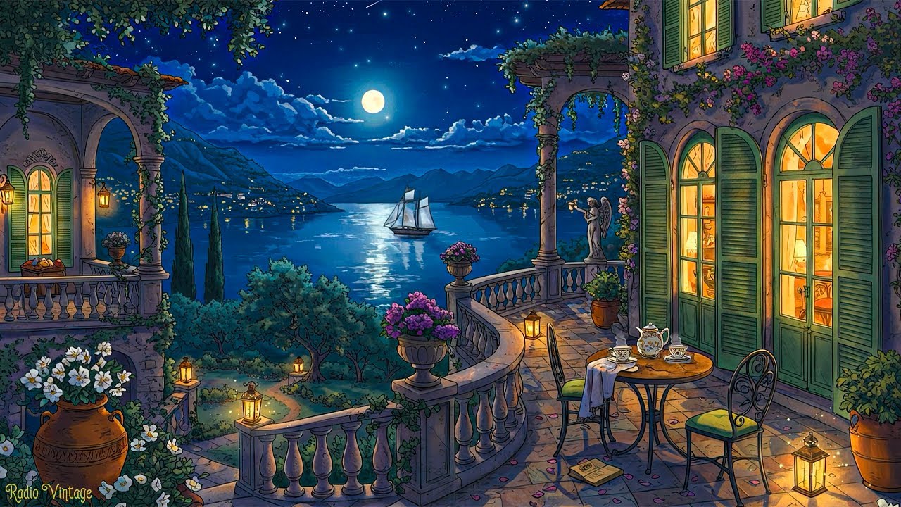 1950's peaceful seaside at night with classic oldies playing in another room for unwind, sleep