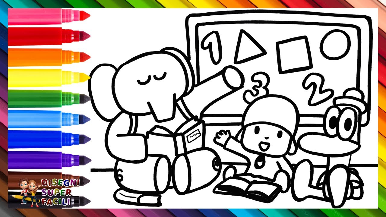 Disegna e Colora Pocoyo e i Suoi Amici a Scuola 👶🦆👧🐘🎒📚✏️🔠🔢🏫 Disegni per Bambini