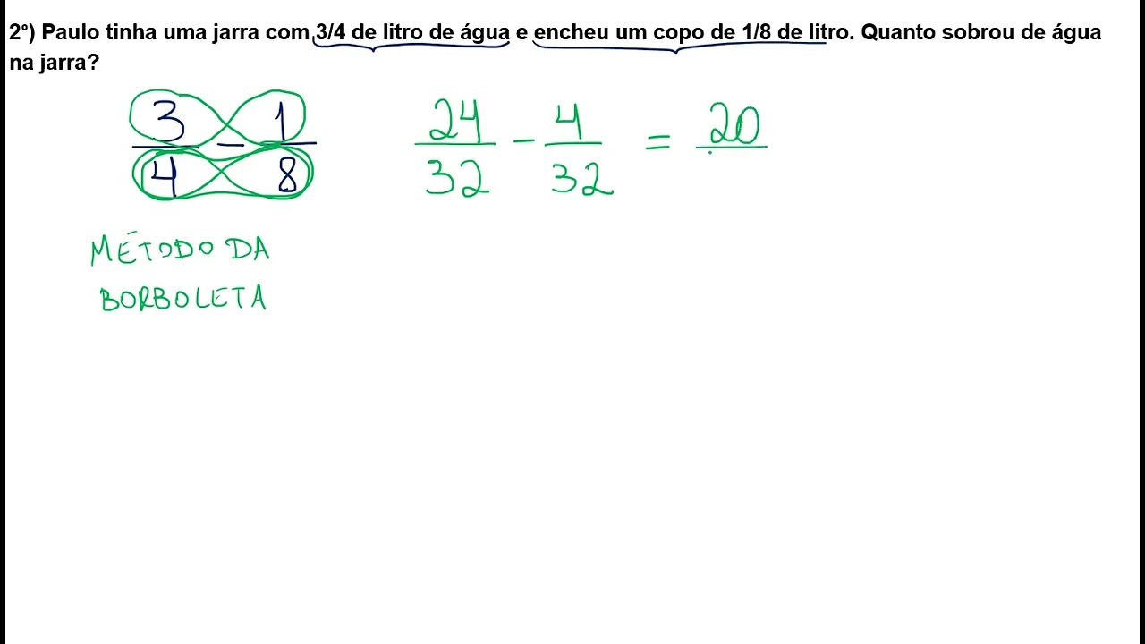 Paulo tinha uma jarra com 3/4 de litro de &aacute;gua e encheu um copo de 1/8 de litro...