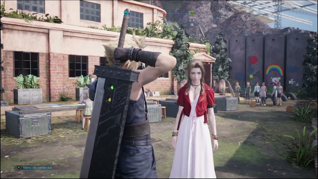Cloud e Aerith conversando profundamente sobre o relacionamento romântico deles