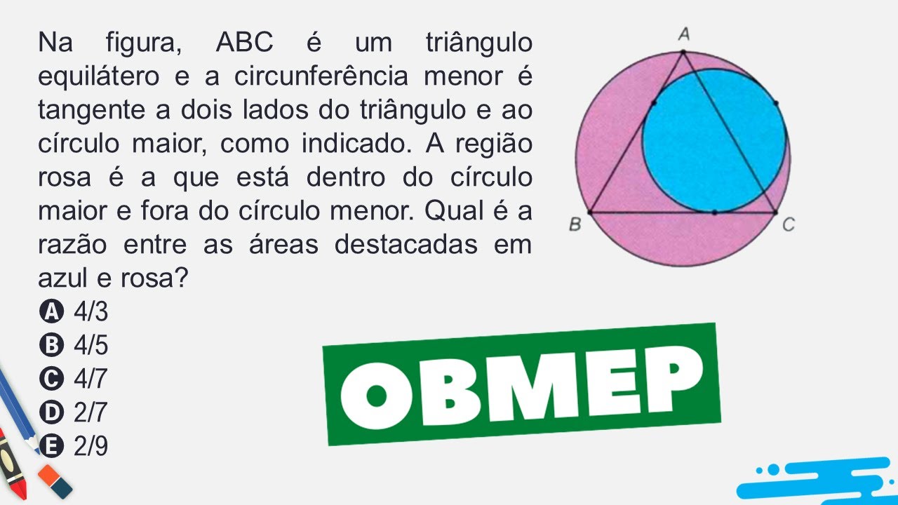 🚨🚨OBMEP Qual é a razão entre as áreas destacadas em azul e rosa?