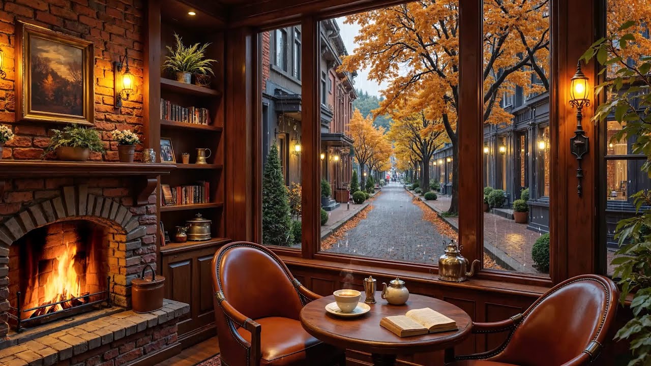 Soft Jazz Piano with Rain ☕ Cozy Fireplace Room for Relaxing