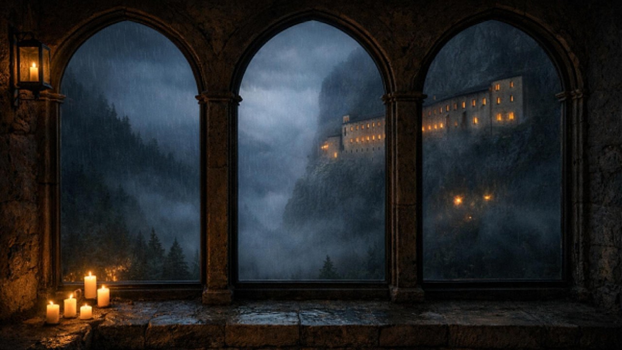 Heavy Rain at a Mountain Monastery Window (No Music) | Sleep & Relax | 3 Hours