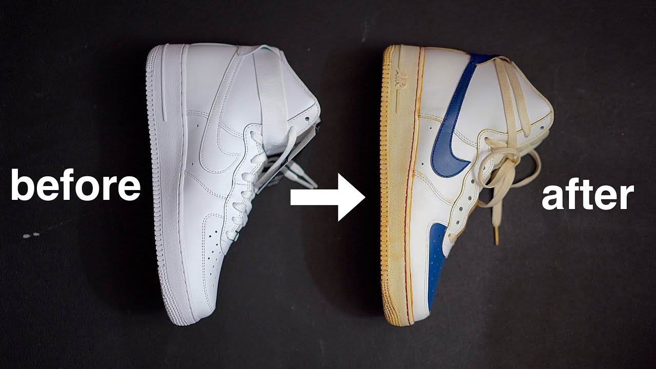 【スニーカーカスタム】エアフォース1 NIKE AIR FORCE 1 HIGH をヴィンテージカスタムしました。大人でも履きやすい色合いとハイカットならではのシルエット。VINTAGE　custom