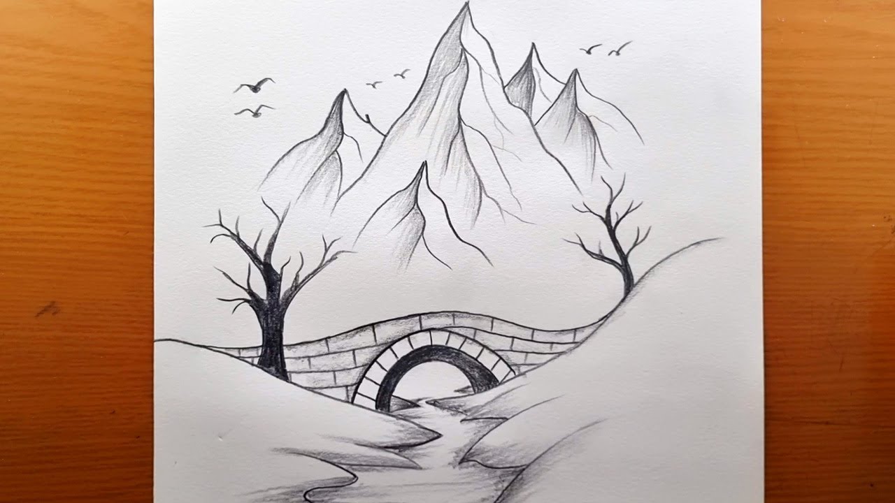 Desenho simples a lápis de uma paisagem | Montanhas, rios, pontes e lua crescente