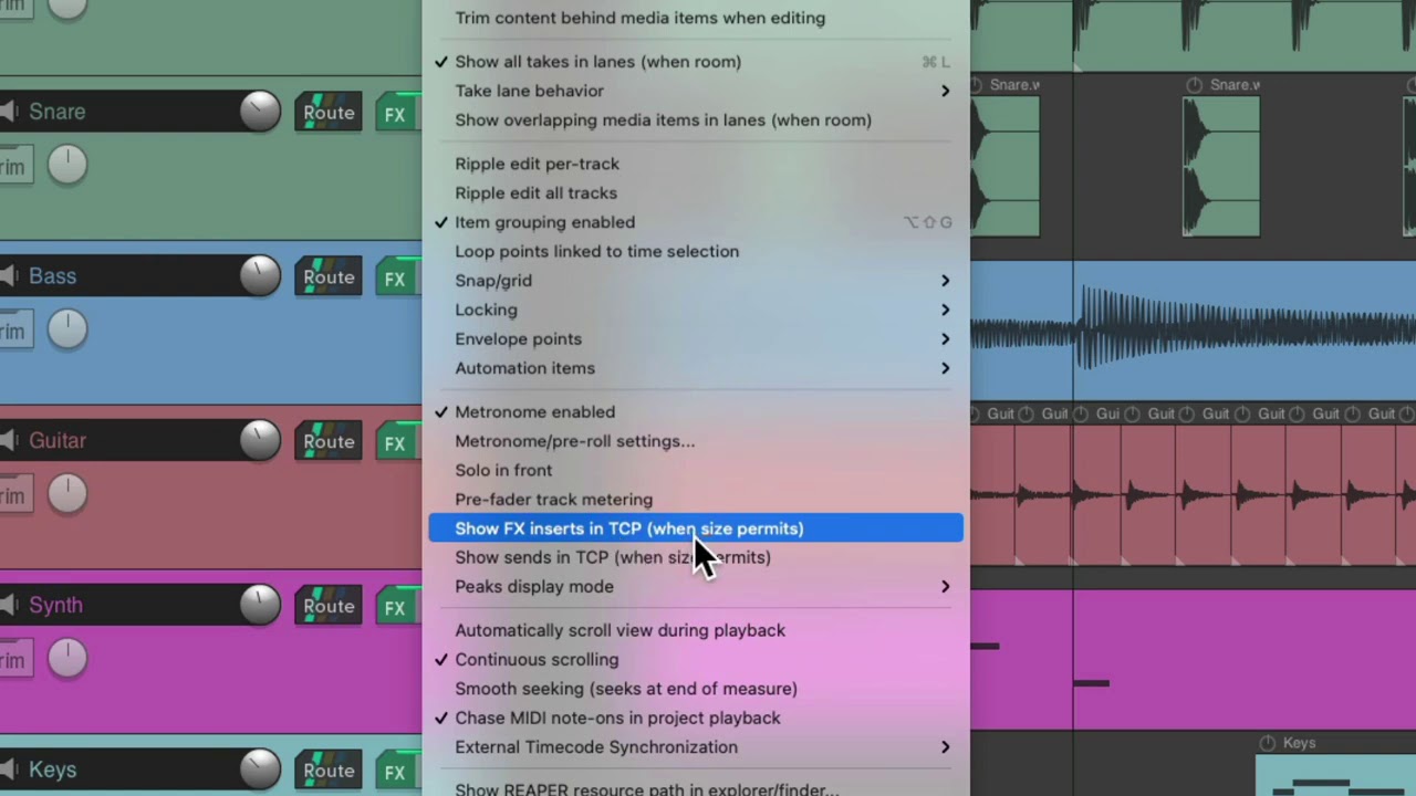 Show FX and Sends in Track Control Panel in REAPER