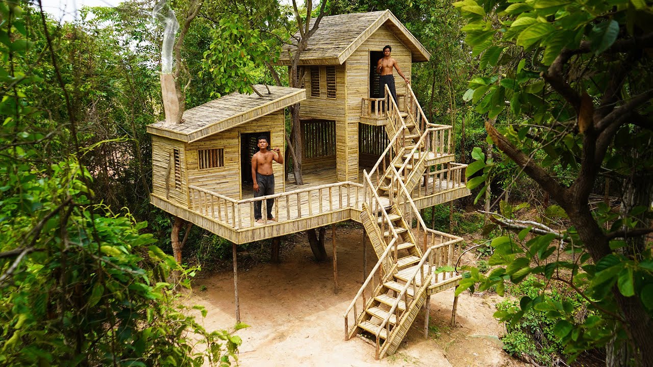 They`re Build Survival 2-story Bamboo Villa House On 3 Giant Tree Inside Living Room And Kitchen