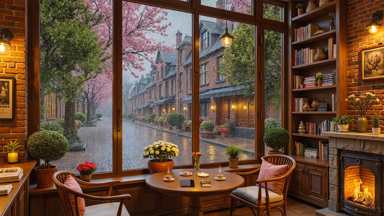Уютная кофейня Spring Rain ☕ Нежная джазовая фортепианная музыка и звуки камина для расслабления и к