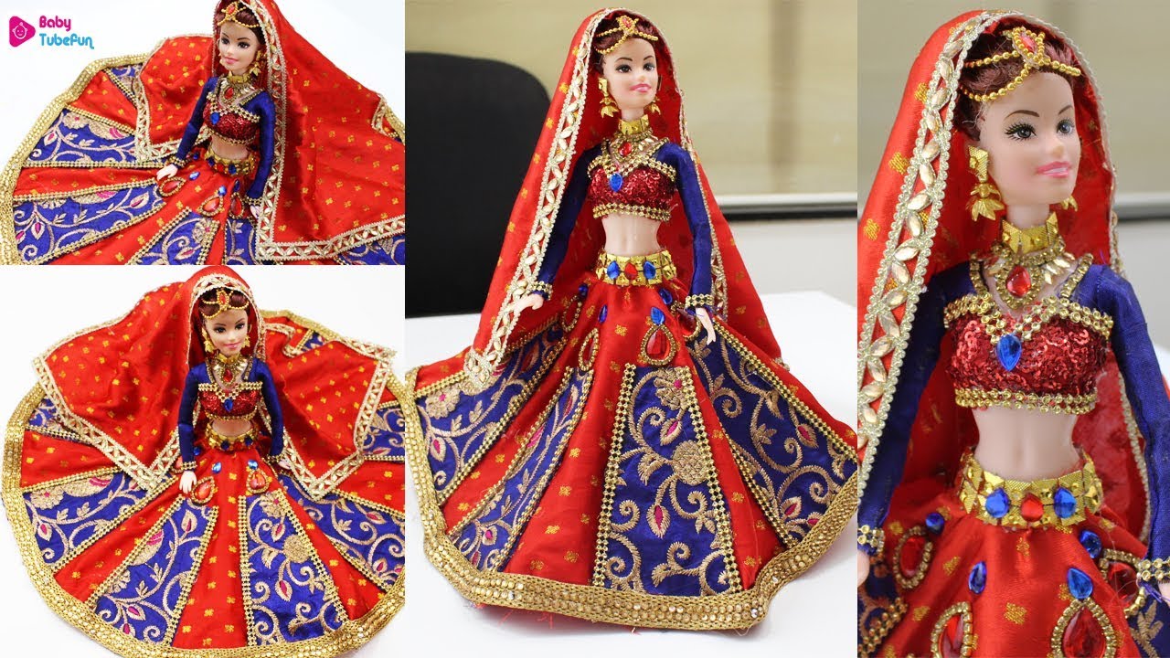 Barbie Doll Lehenga, How to decorate a doll in indian bridal dress and jewellery | Doll lehenga