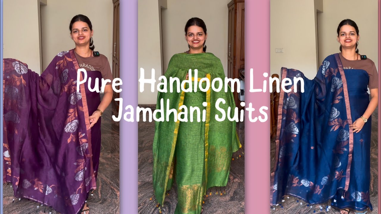 EPI 465|PURE HANDLOOM LINEN JAMDHANI SUITS|GEORGETTE|PARTY WEAR #handloomlinen #linen @curatedvault