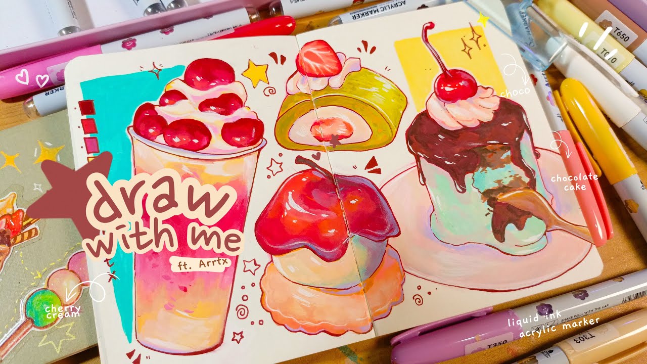 draw with me, food illustration using liquid acrylic marker/ Arrtx 🍒｡˚ ⋆