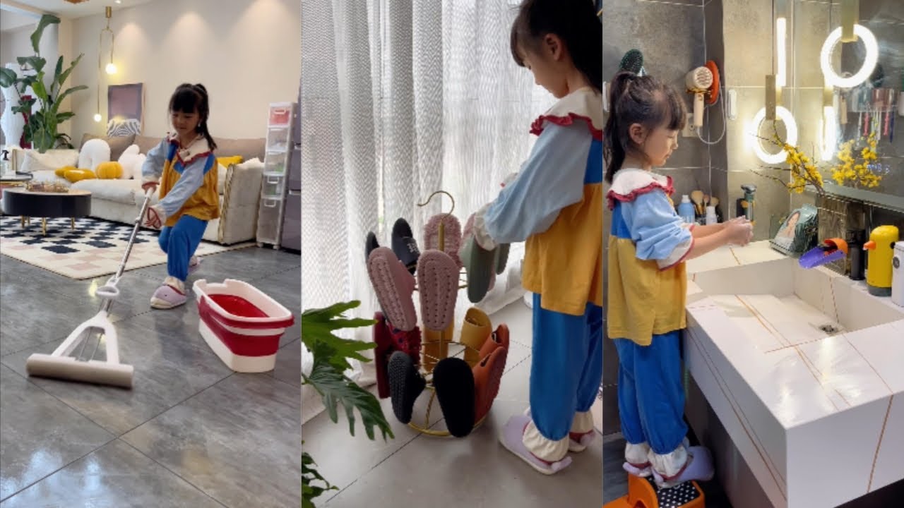 Six-year-old girl helps her parents clean the house after returning home! #cleaning #house #gadgets