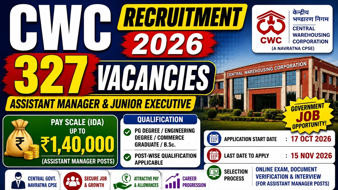 CWC Recruitment 2026 🔥 327 Vacancies | Assistant Manager & Junior Executive | Salary ₹1.40 Lakh