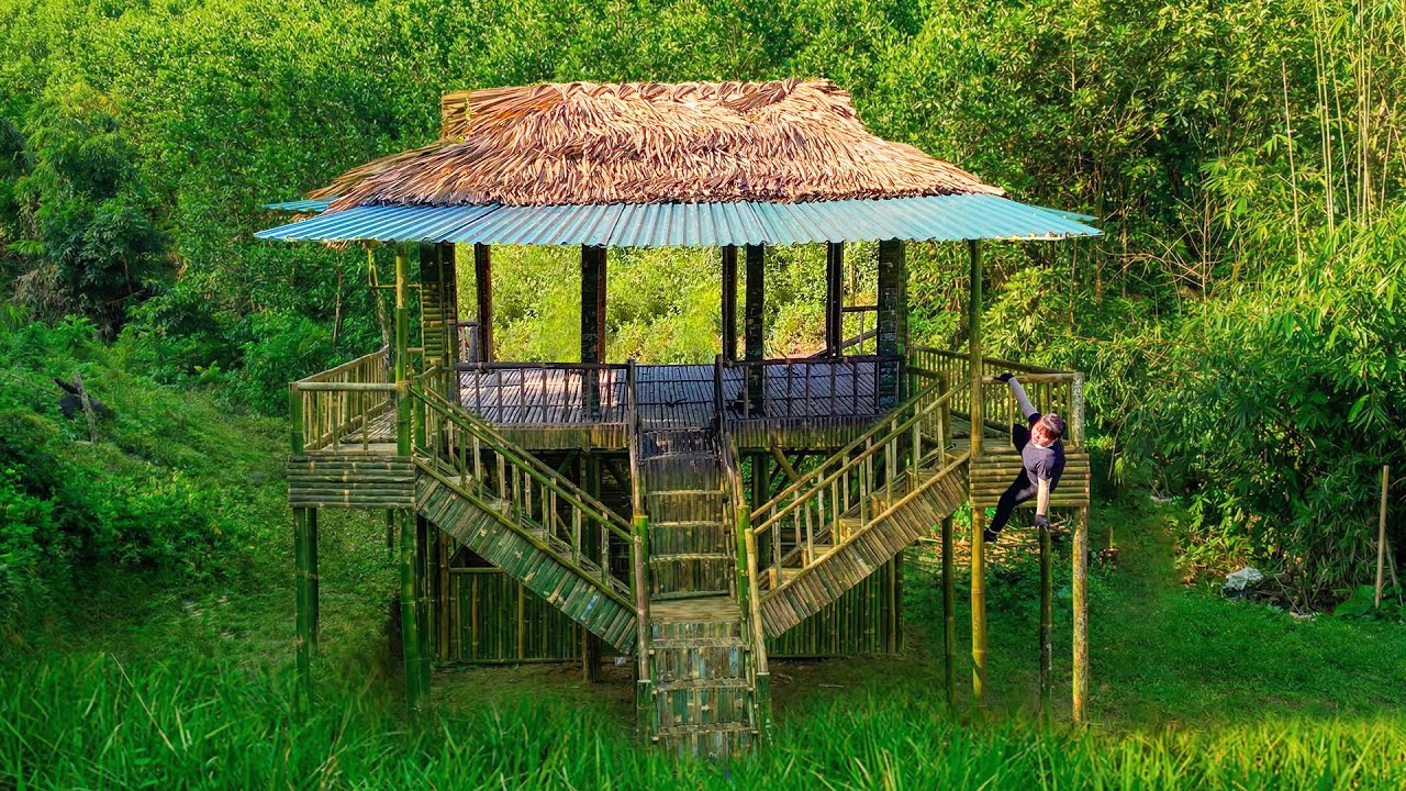 Build Bamboo Railings Around The House and Stairs - The Girl Built a Beautiful House in the Forest