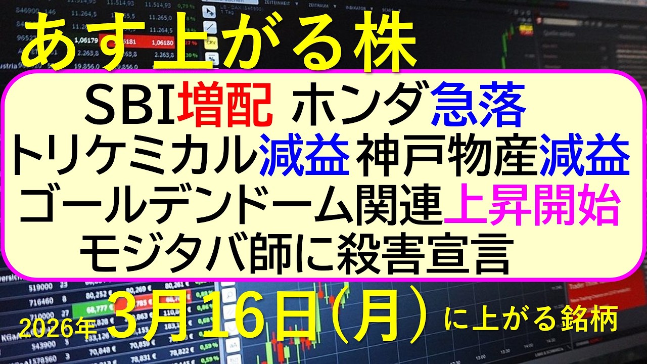 SBI増配。ホンダ急落。トリケミカル減益。神戸物産減益。ゴールデンドーム関連上昇開始。モジタバ師に～あす上がる株　2026年３月１６日（月）に上がる銘柄。最新の日本株情報。高配当株の株価やデイトレ情報