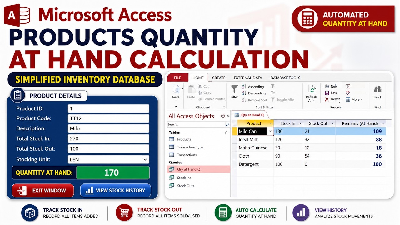 Products Quantity remaining calculation in Microsoft Access | Simplified Inventory Database